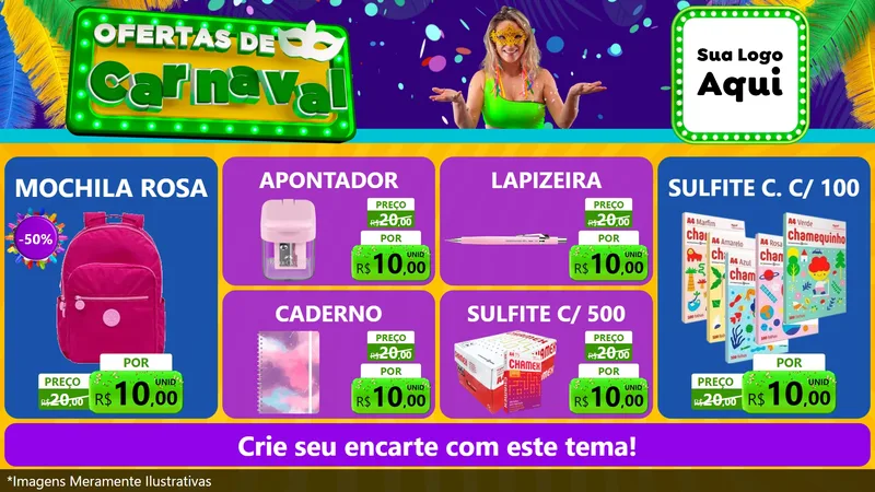 Modelo de TV para TV Horizontal com o tema Ofertas de Carnaval para Papelaria