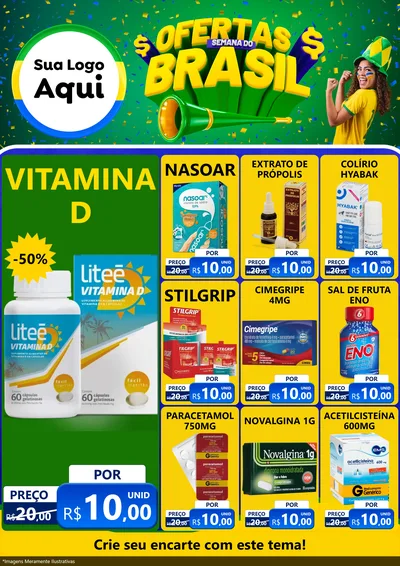 Modelo de Encarte para Encarte A4 Vertical com o tema Ofertas Semana do Brasil para Farmácia
