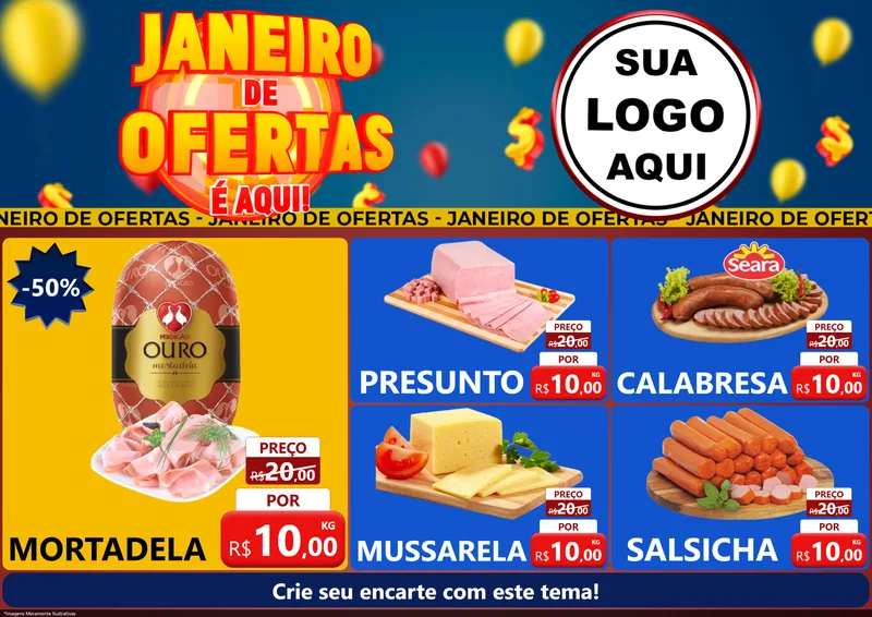 Modelo de Encarte para Encarte A4 Horizontal com o tema Janeiro de Ofertas É Aqui! para Frios e Laticínios