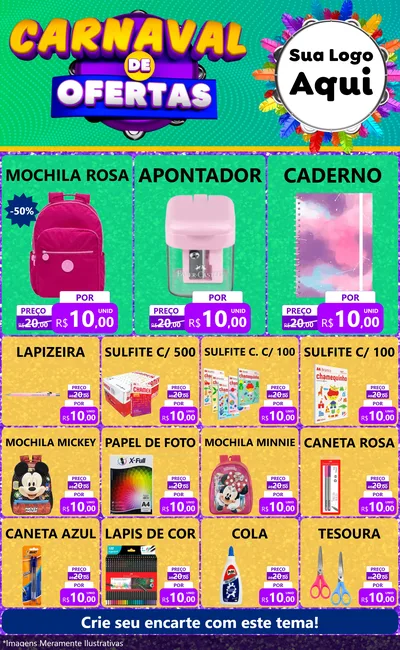 Modelo de Encarte para Encarte Grande com o tema Carnaval de Ofertas para Papelaria