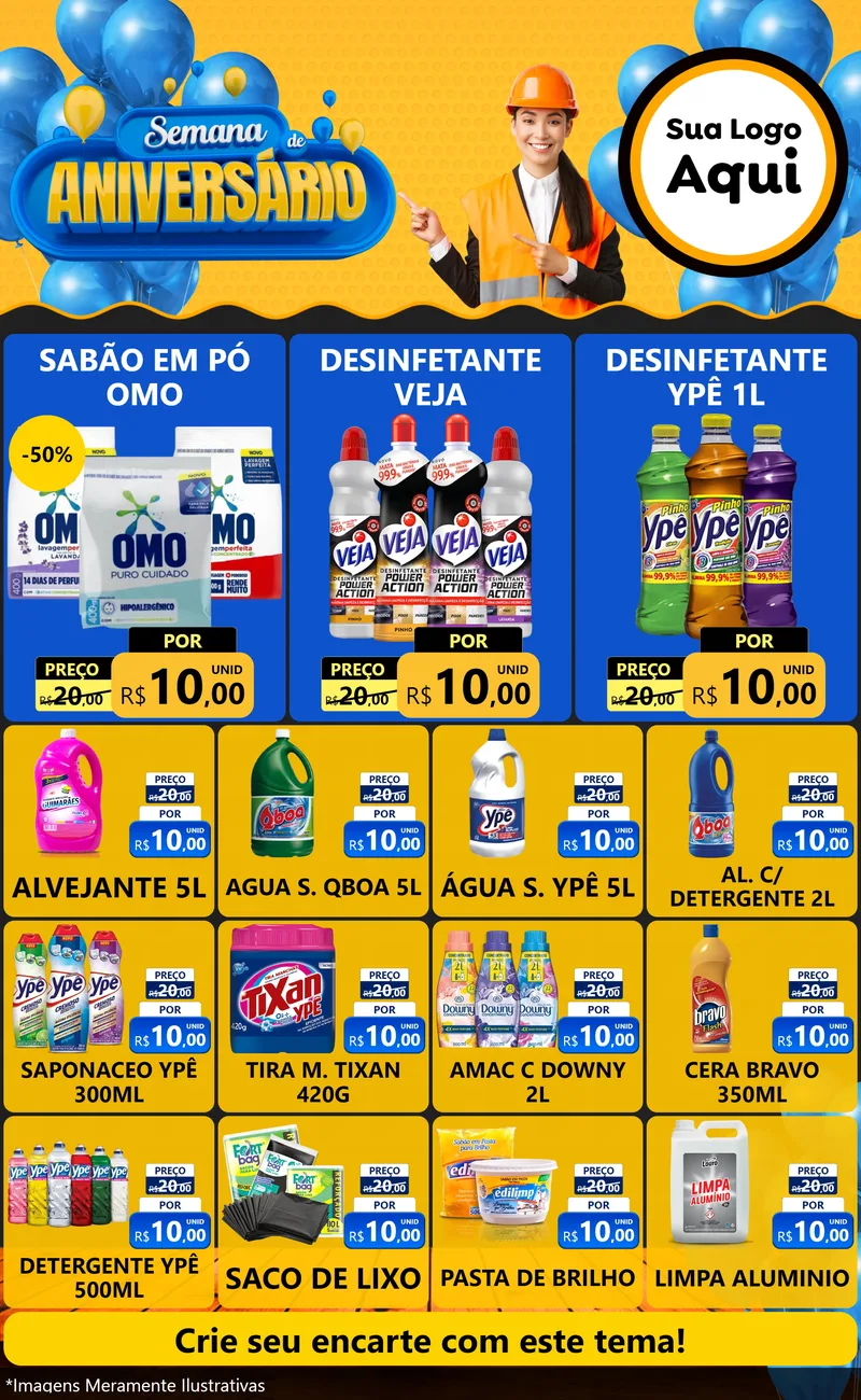Modelo de Encarte para Encarte Grande com o tema Semana de Aniversário para Produtos de Limpeza