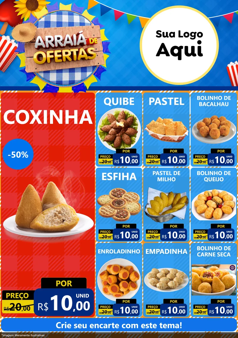 Modelo de Encarte para Encarte A4 Vertical com o tema Arraiá de Ofertas para Salgadaria