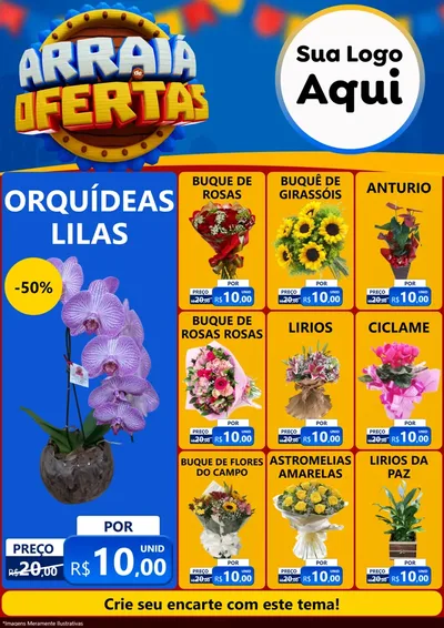 Modelo de Encarte para Encarte A4 Vertical com o tema Arraiá de Ofertas - Junina para Floricultura e jardim