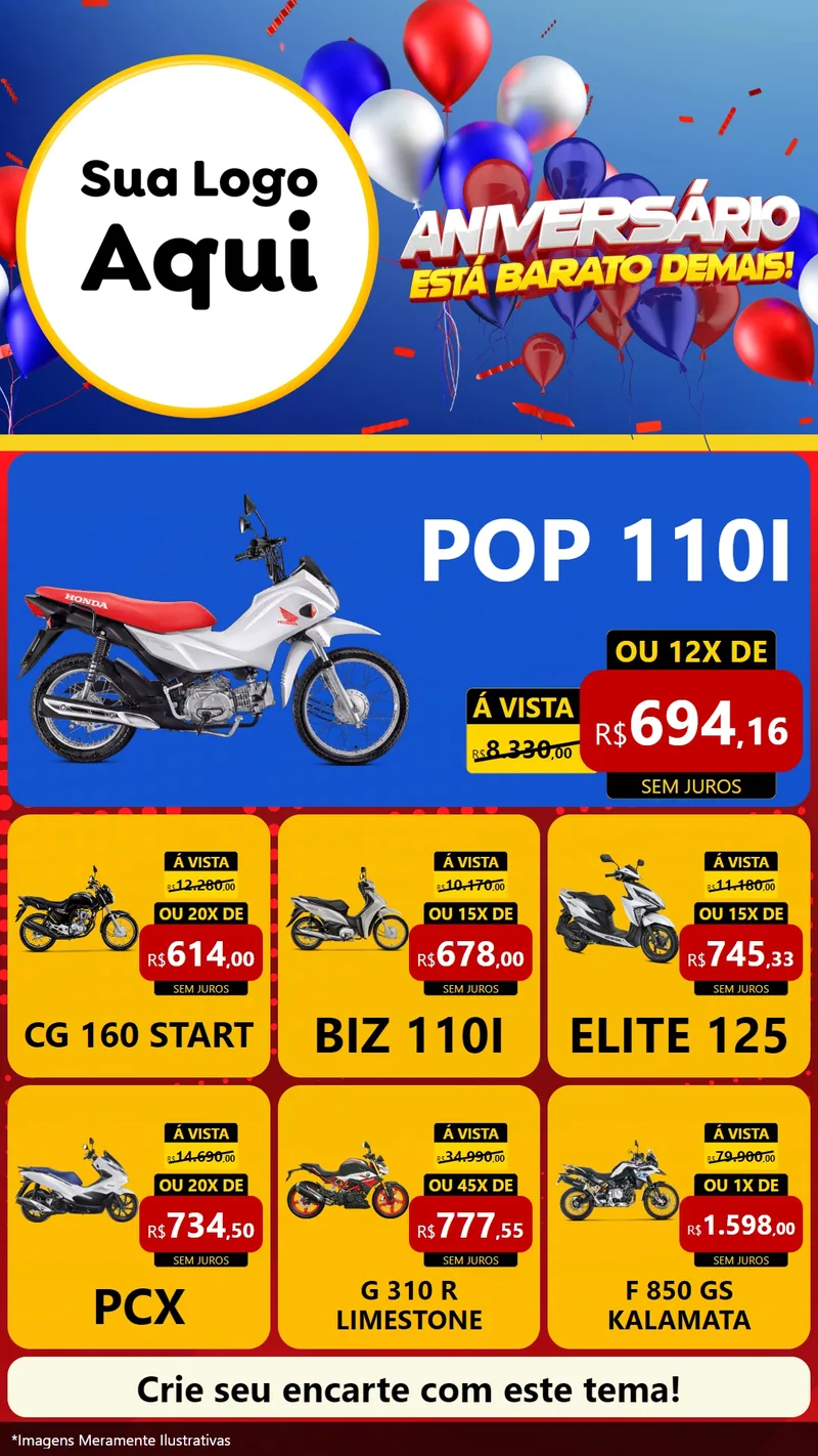 Modelo de Rede Social para Stories com o tema Aniversário para Concessionaria de Motos