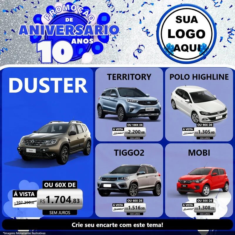 Modelo de Rede Social para Feed Facebook com o tema Promoção de Aniversário - 10 Anos para Concessionaria de Carros