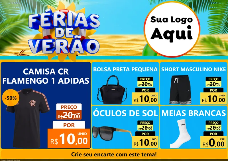 Modelo de Encarte para Encarte A4 Horizontal com o tema Férias de Verão para Roupas e acessórios