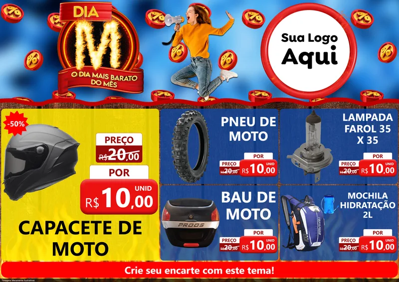 Modelo de Encarte para Encarte A4 Horizontal com o tema Dia M - O Dia Mais Barato Do Mês para Moto peças