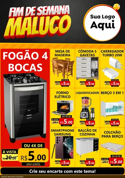 Modelo de Encarte para Encarte A4 Vertical com o tema Final de Semana Maluco para Móveis e Eletro