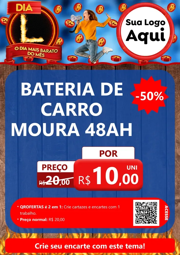 Modelo de Cartaz para Cartaz A4 Vertical com o tema Dia L - O Dia Mais Barato Do Mês para Baterias Elétricas