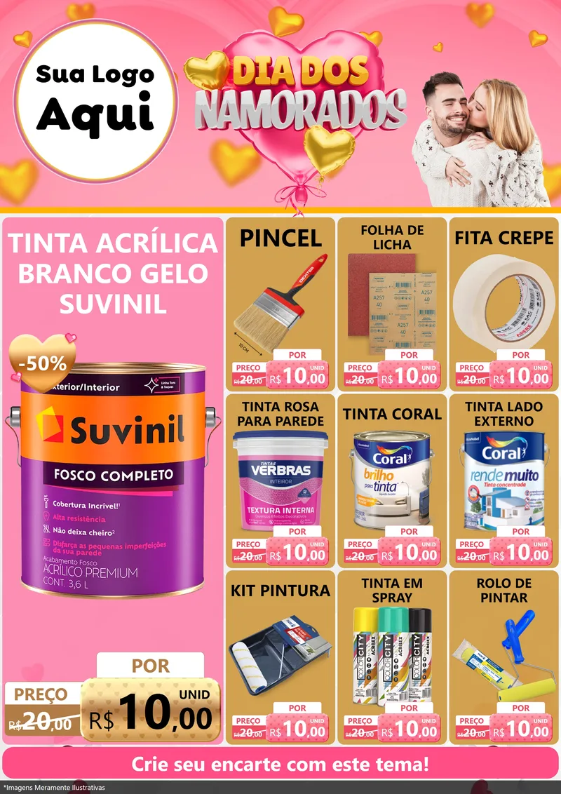 Modelo de Encarte para Encarte A4 Vertical com o tema Dia dos Namorados para Tintas e Ferramentas