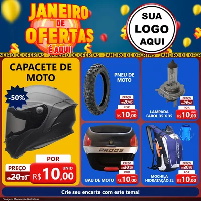 Modelo de Rede Social para Feed Facebook com o tema Janeiro de Ofertas É Aqui! para Moto peças