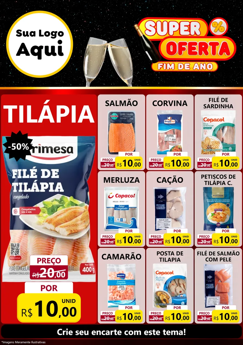 Modelo de Encarte para Encarte A4 Vertical com o tema Super Oferta Fim de Ano para Peixaria