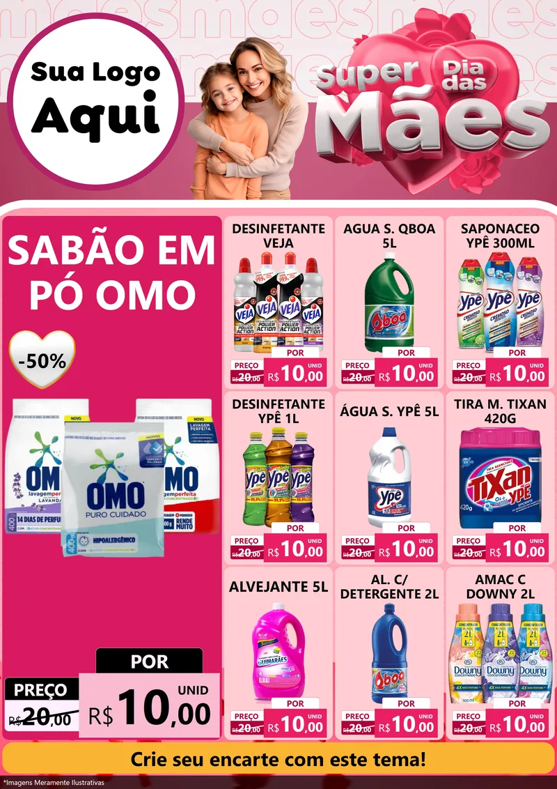 Modelo de Encarte para Encarte A4 Vertical com o tema Super Dia Das Mães para Produtos de Limpeza