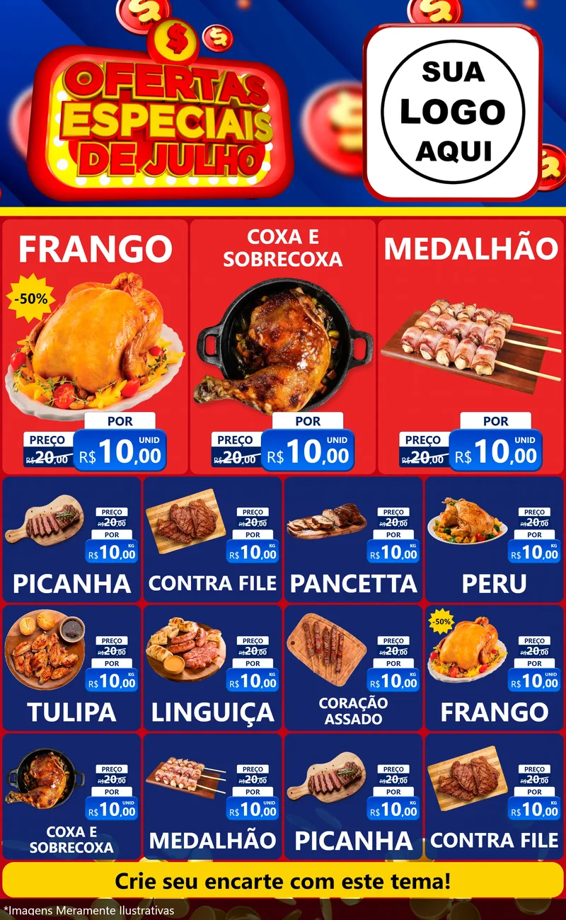 Modelo de Encarte para Encarte Grande com o tema Ofertas Especiais de Julho para Assados