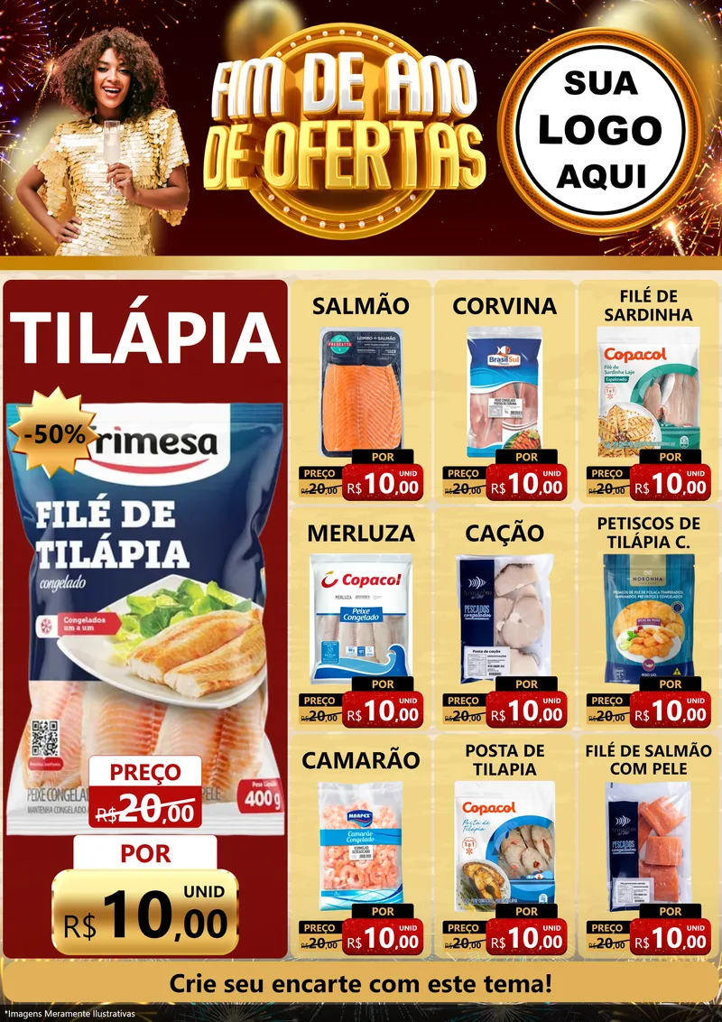 Modelo de Encarte para Encarte A4 Vertical com o tema Fim de Ano de Ofertas para Peixaria