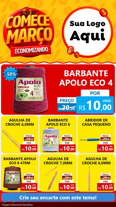 Modelo de Rede Social para Stories com o tema Comece Março Economizando para Armarinho e Aviamentos