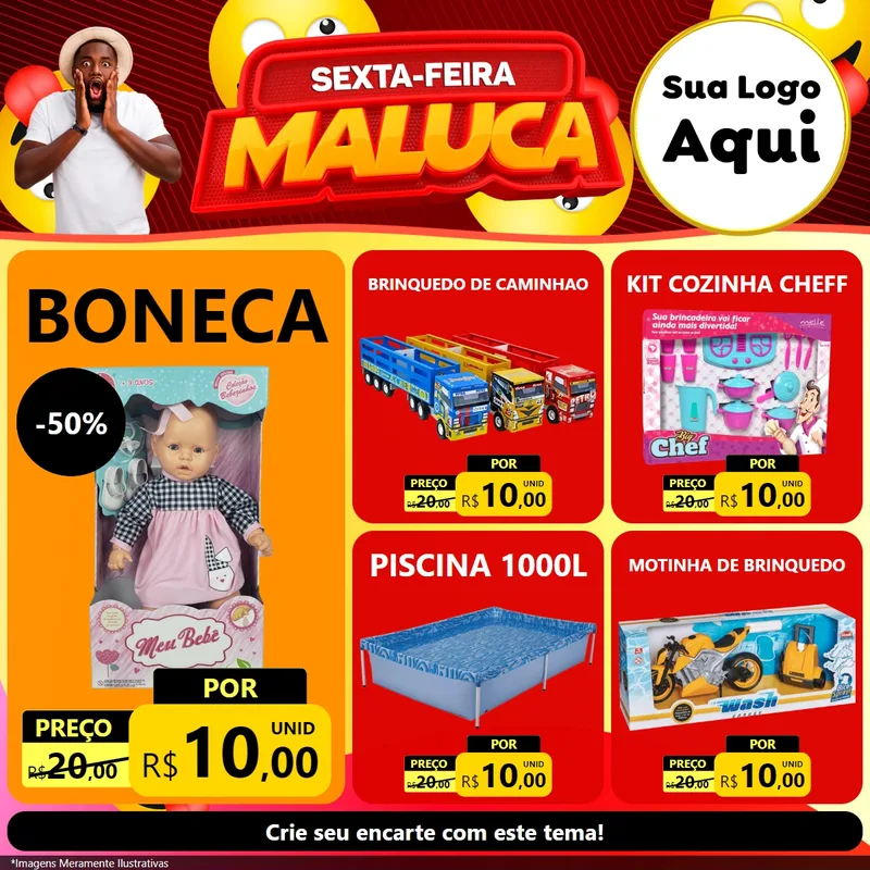Modelo de Rede Social para Feed Facebook com o tema Sexta-feira Maluca para Brinquedos