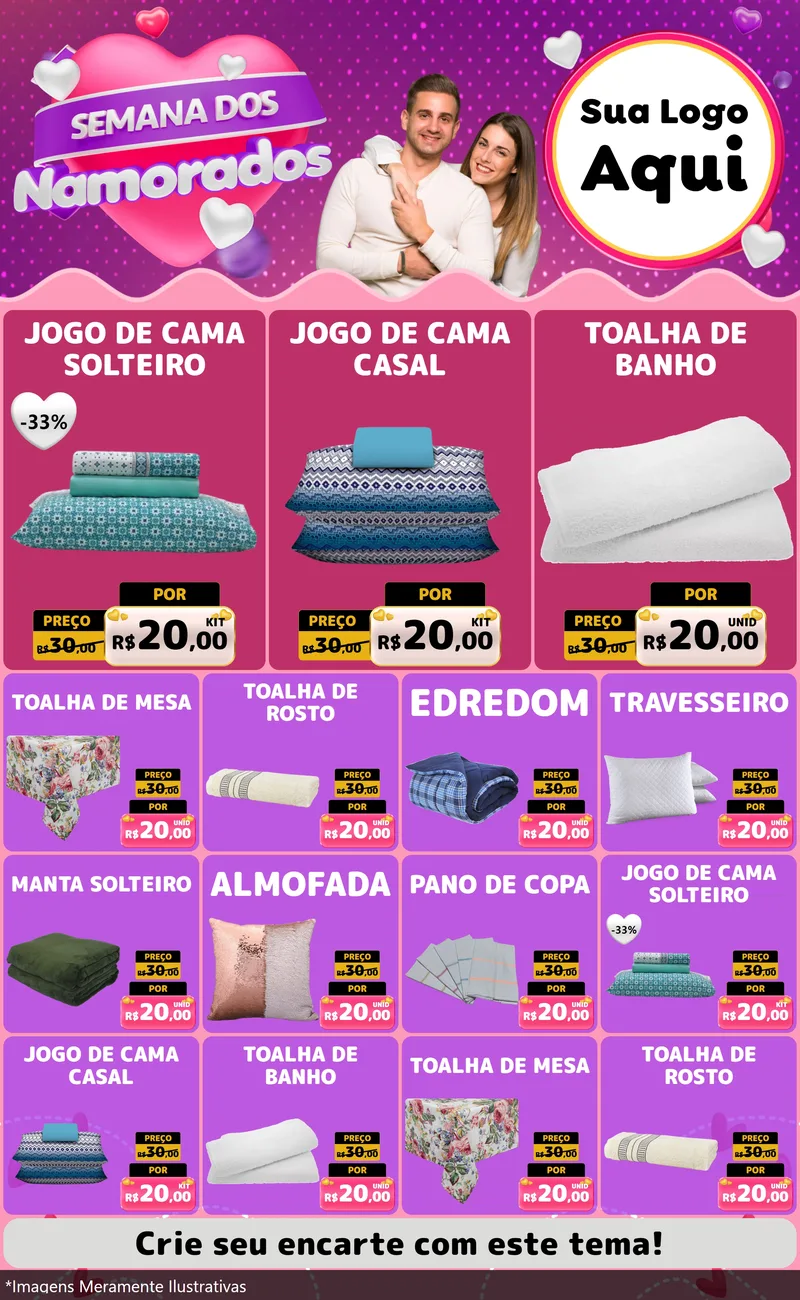 Modelo de Encarte para Encarte Grande com o tema Semana dos Namorados para Cama, Mesa e Banho