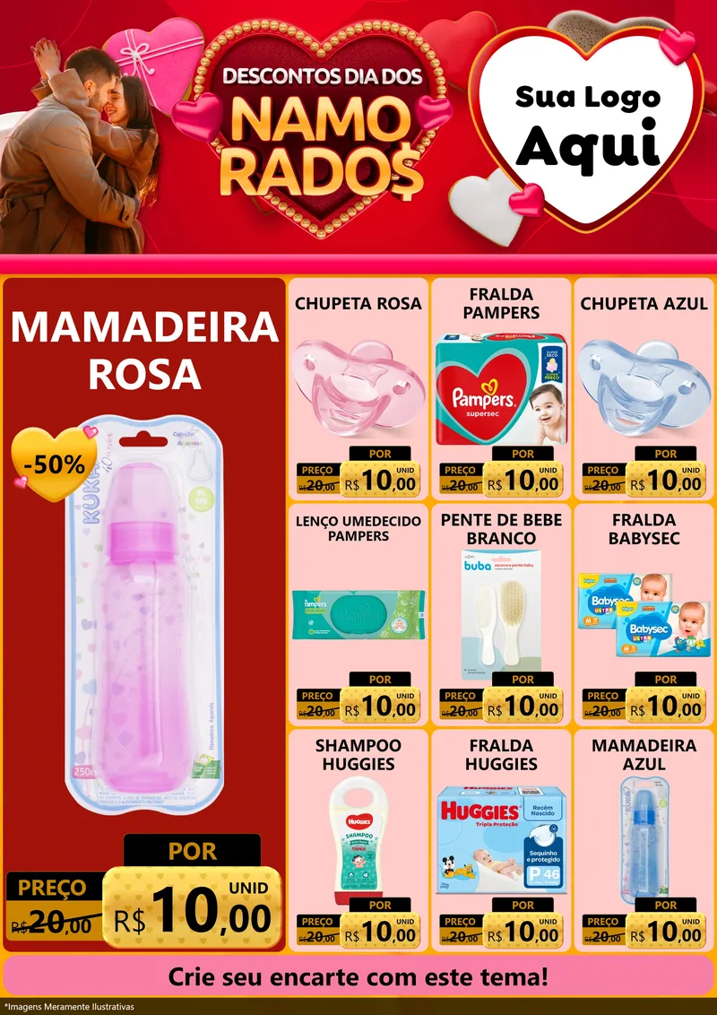 Modelo de Encarte para Encarte A4 Vertical com o tema Descontos Dia dos Namorados para Bebês