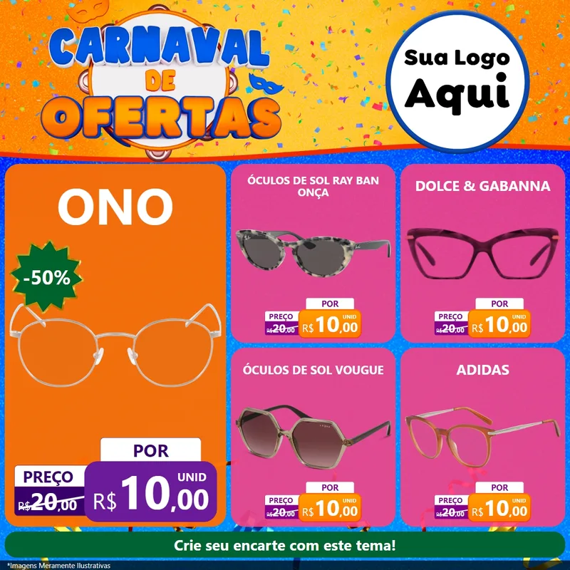 Modelo de Rede Social para Feed Facebook com o tema Carnaval de Ofertas para Óticas
