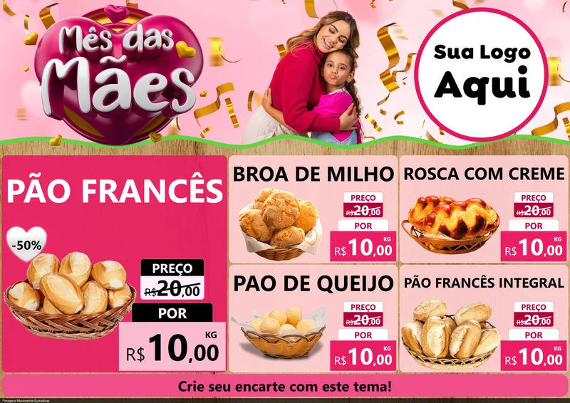 Modelo de Encarte para Encarte A4 Horizontal com o tema Mês das Mães para Padaria