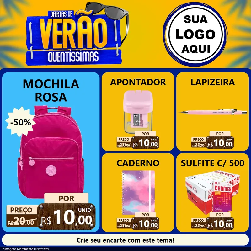 Modelo de Rede Social para Feed Facebook com o tema Ofertas de Verão Quentíssimas para Papelaria