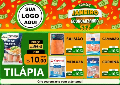 Modelo de Encarte para Encarte A4 Horizontal com o tema Comece Janeiro Economizando para Peixaria