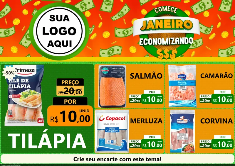 Modelo de Encarte para Encarte A4 Horizontal com o tema Comece Janeiro Economizando para Peixaria