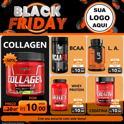 Modelo de Rede Social para Feed Facebook com o tema Black Friday para Suplementos alimentares