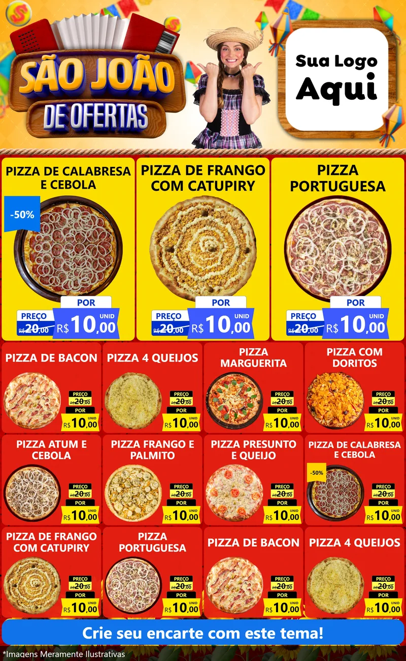 Modelo de Encarte para Encarte Grande com o tema São João de Ofertas para Pizzaria