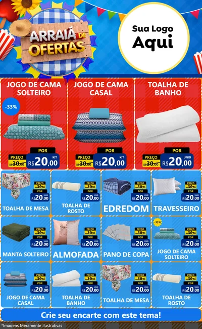 Modelo de Encarte para Encarte Grande com o tema Arraiá de Ofertas para Cama, Mesa e Banho
