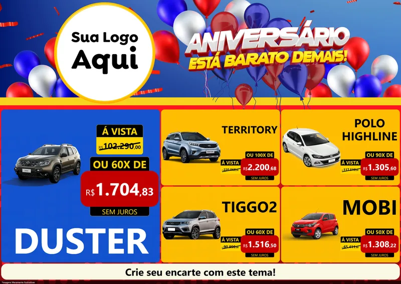 Modelo de Encarte para Encarte A4 Horizontal com o tema Aniversário para Concessionaria de Carros