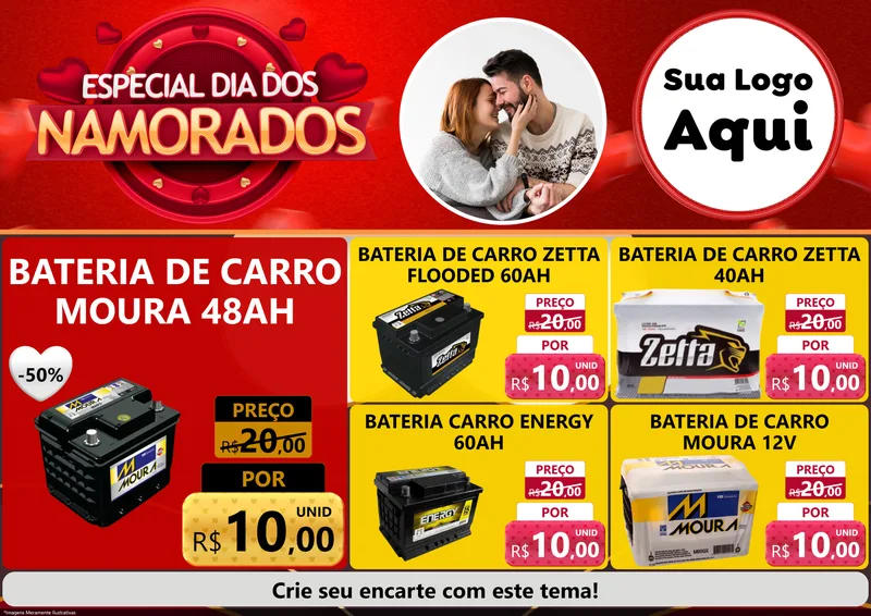 Modelo de Encarte para Encarte A4 Horizontal com o tema Especial Dia Dos Namorados para Baterias Elétricas