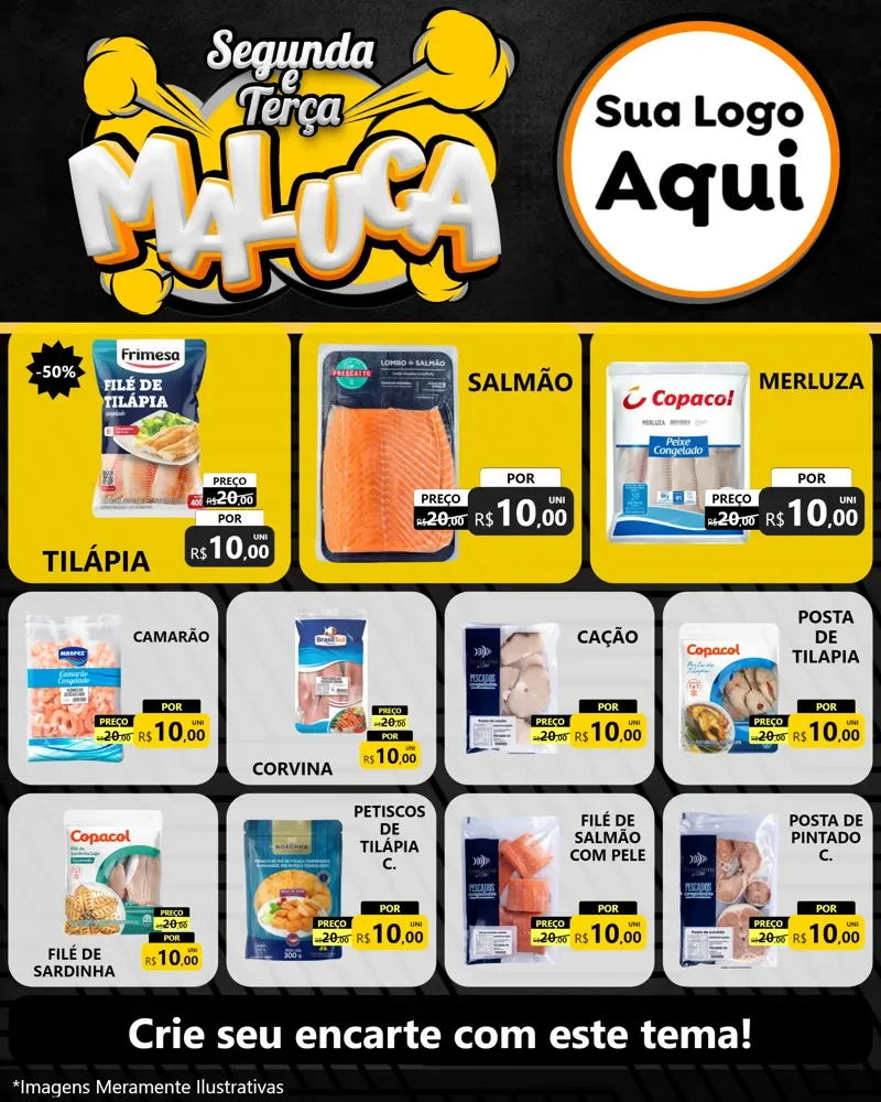 Modelo de Rede Social para Feed Instagram com o tema Segunda e Terça Maluca para Peixaria