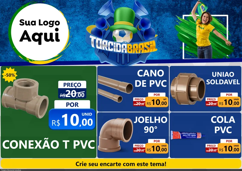 Modelo de Encarte para Encarte A4 Horizontal com o tema Torcida Brasil - Copa para Tubos e conexões
