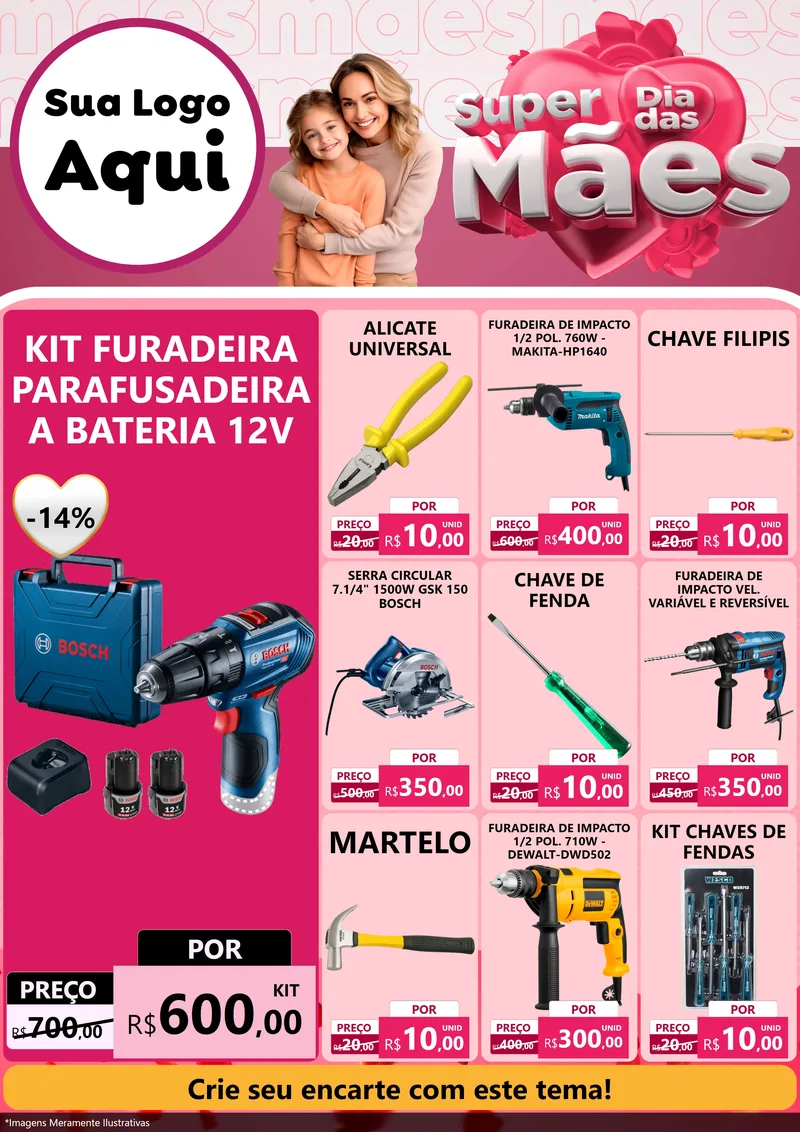Modelo de Encarte para Encarte A4 Vertical com o tema Super Dia Das Mães para Maquinas e Ferramentas