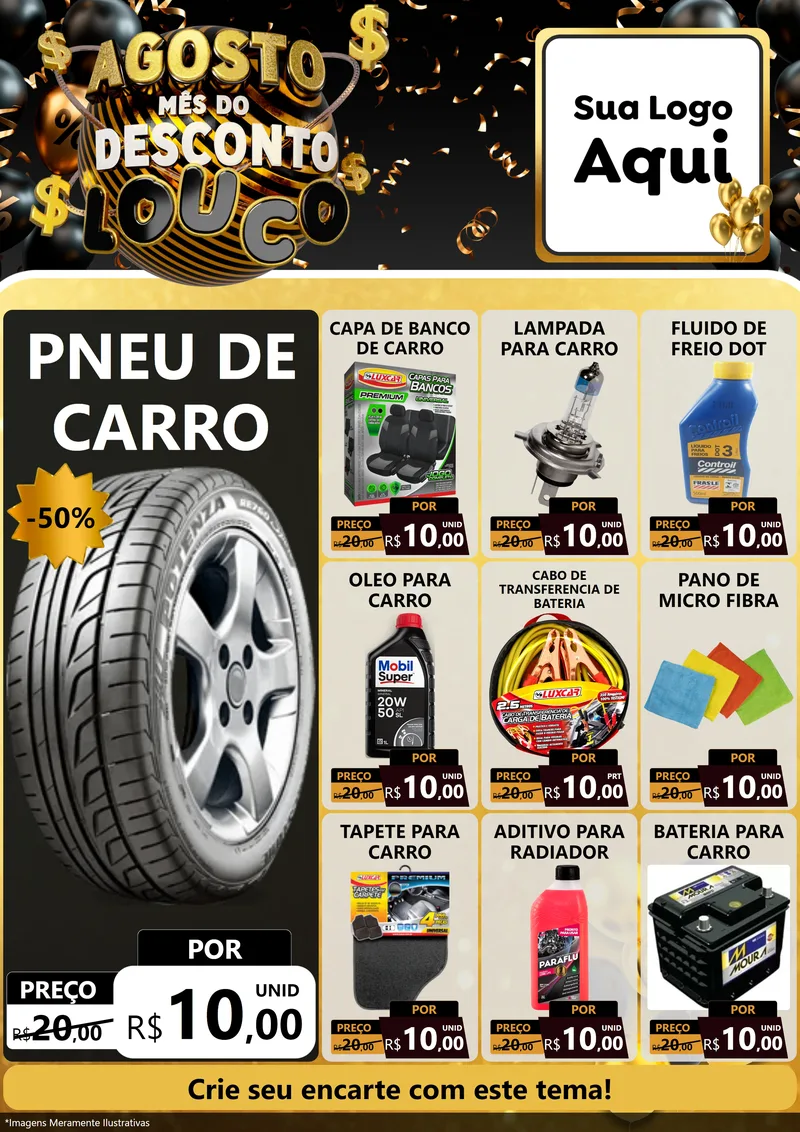 Modelo de Encarte para Encarte A4 Vertical com o tema Agosto Mês do Desconto Louco para Auto peças