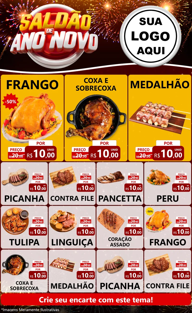 Modelo de Encarte para Encarte Grande com o tema Saldão de Ano Novo para Assados