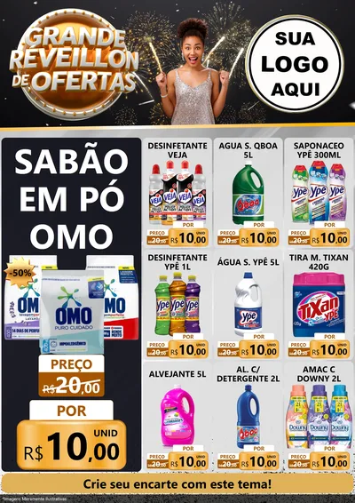 Modelo de Encarte para Encarte A4 Vertical com o tema Grande Réveillon de Ofertas para Produtos de Limpeza