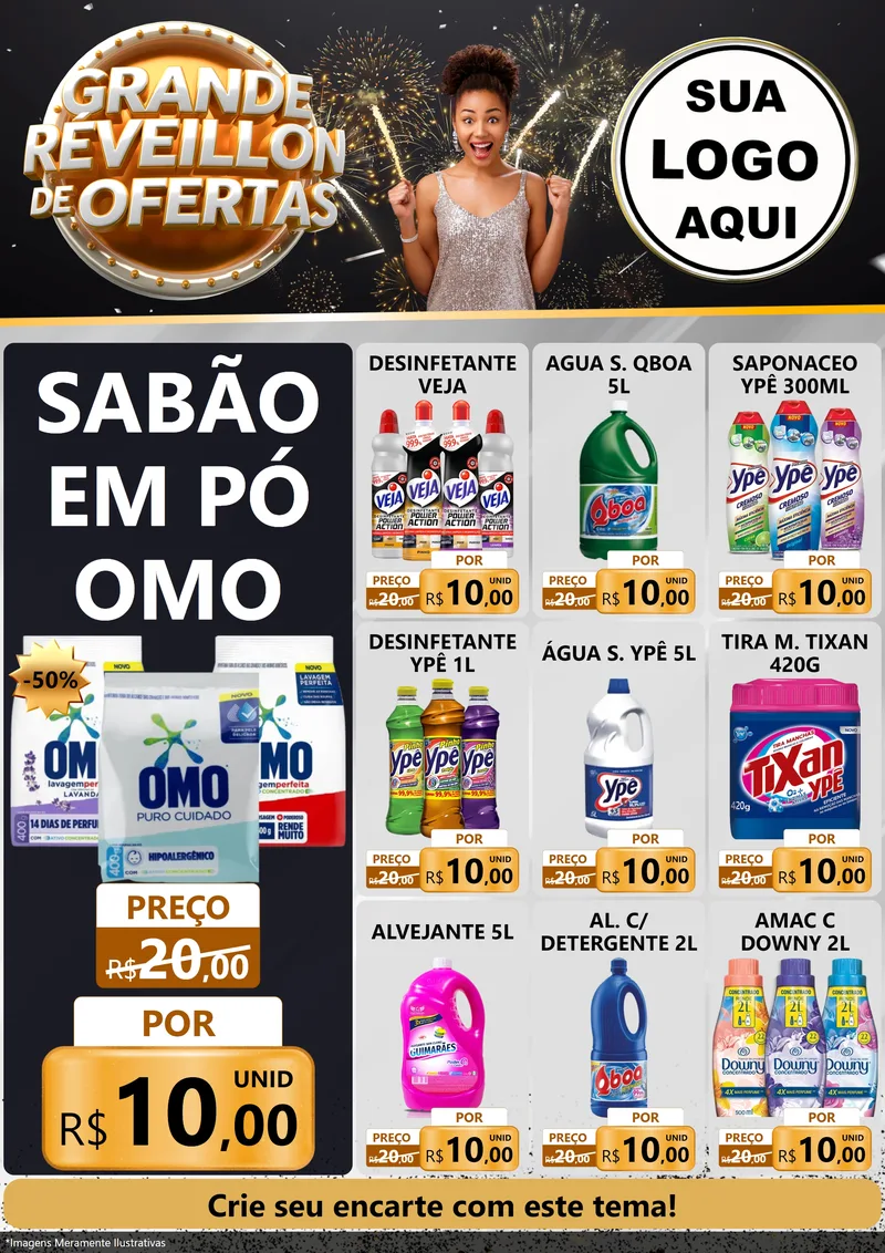 Modelo de Encarte para Encarte A4 Vertical com o tema Grande Réveillon de Ofertas para Produtos de Limpeza