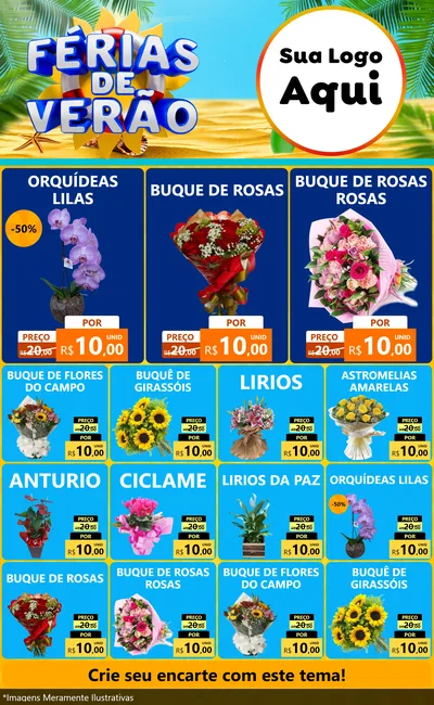 Modelo de Encarte para Encarte Grande com o tema Férias de Verão para Floricultura e jardim