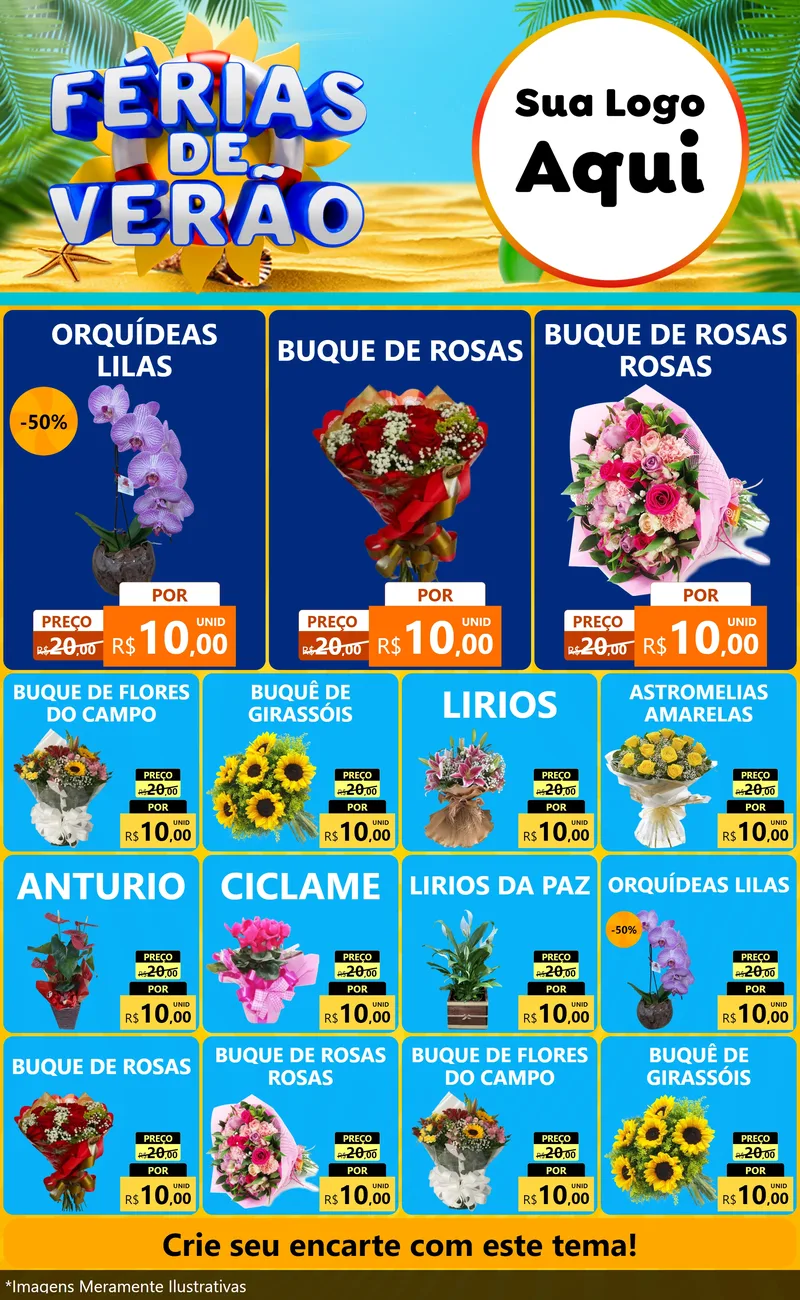 Modelo de Encarte para Encarte Grande com o tema Férias de Verão para Floricultura e jardim