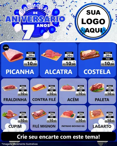 Modelo de Rede Social para Feed Instagram com o tema Promoção de Aniversário - 7 Anos para Açougue