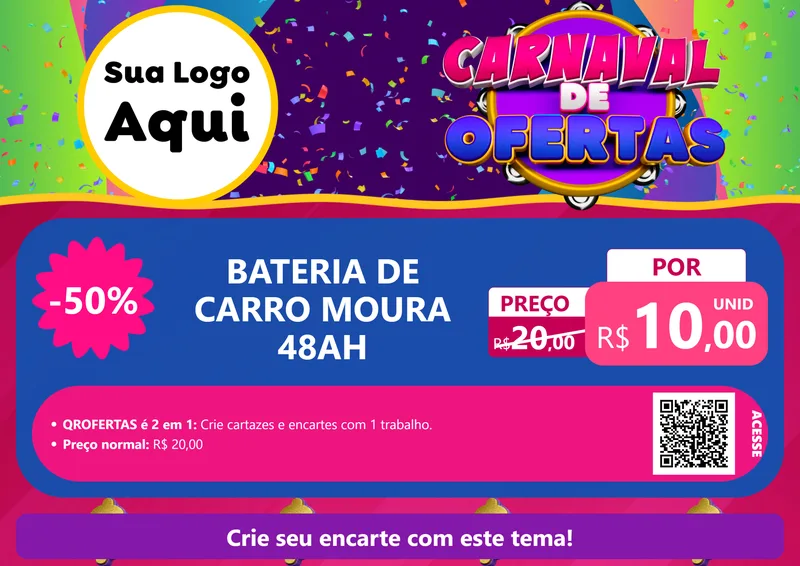 Modelo de Cartaz para Cartaz A4 Horizontal com o tema Carnaval de Ofertas para Baterias Elétricas