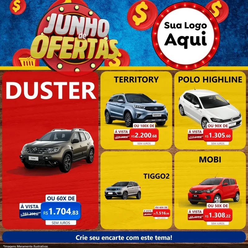 Modelo de Rede Social para Feed Facebook com o tema Junho de Ofertas para Concessionaria de Carros