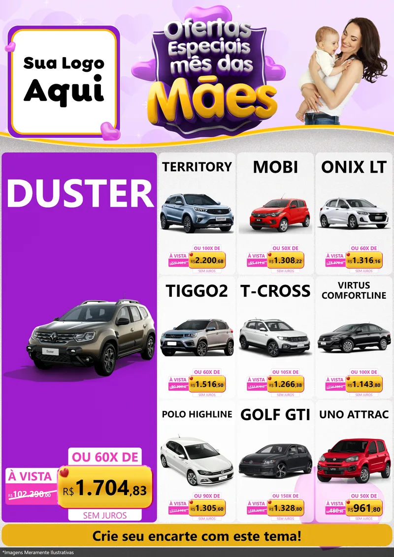 Modelo de Encarte para Encarte A4 Vertical com o tema Ofertas Especiais - Mês das Mães para Concessionaria de Carros