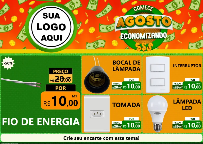 Modelo de Encarte para Encarte A4 Horizontal com o tema Comece Agosto Economizando para Materiais Elétricos