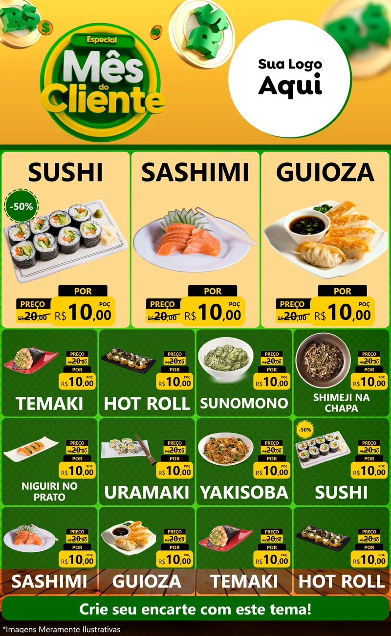 Modelo de Encarte para Encarte Grande com o tema Especial Mês do Cliente para Comida japonesa
