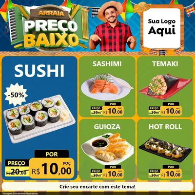 Modelo de Rede Social para Feed Facebook com o tema Arraiá de Preço Baixo - Junina para Comida japonesa