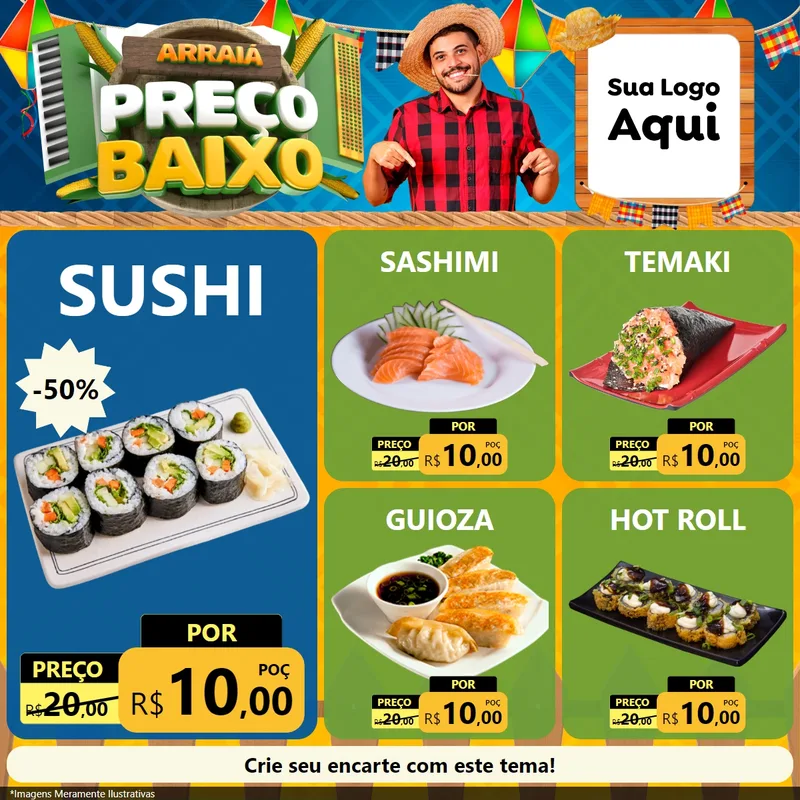 Modelo de Rede Social para Feed Facebook com o tema Arraiá de Preço Baixo - Junina para Comida japonesa